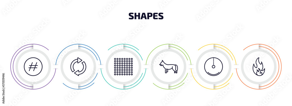 Poster shapes infographic element with outline icons and 6 step or option. shapes icons such as hash key, r