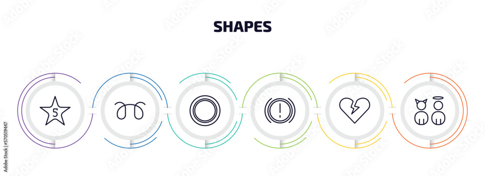 Poster shapes infographic element with outline icons and 6 step or option. shapes icons such as star with n