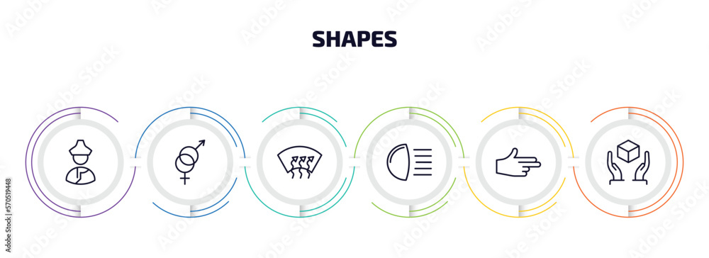 Poster shapes infographic element with outline icons and 6 step or option. shapes icons such as mongolian, 
