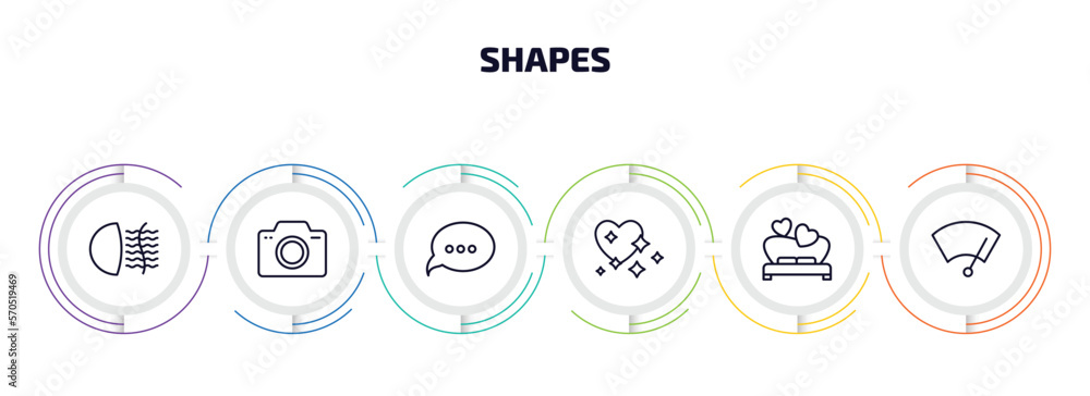 Aufkleber shapes infographic element with outline icons and 6 step or option. shapes icons such as fog light, 