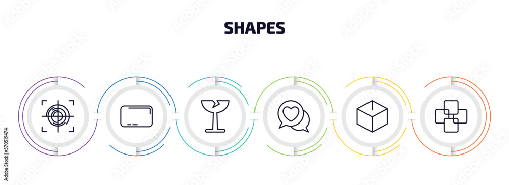 Poster shapes infographic element with outline icons and 6 step or option. shapes icons such as focus butto