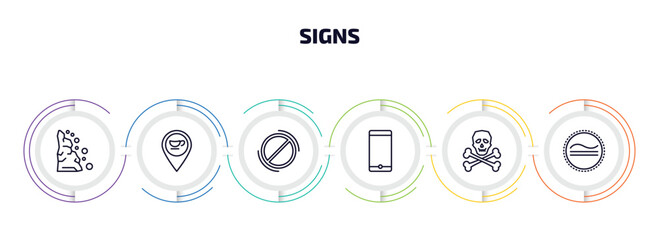 signs infographic element with outline icons and 6 step or option. signs icons such as landslide, coffee shop, prohibition, smarthphone, death, is congruent to vector.