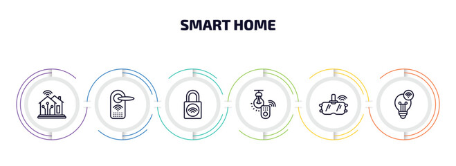 smart home infographic element with outline icons and 6 step or option. smart home icons such as smart, locking, lock, illumination, vr technology, lightbulb vector.