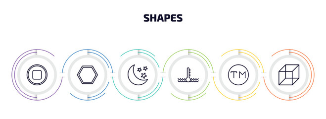 shapes infographic element with outline icons and 6 step or option. shapes icons such as round stop button, poligon, half moon and star, engine coolant, trademark, geometry cube vector.