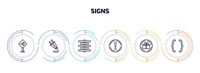 signs infographic element with outline icons and 6 step or option. signs icons such as traffic, plug, align center, exclamation, gift shop, parenthesis vector.