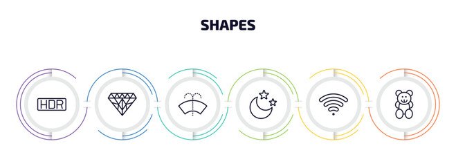 shapes infographic element with outline icons and 6 step or option. shapes icons such as hdr, big diamond, windshield washer, moon and stars, wireless, toys vector. - obrazy, fototapety, plakaty