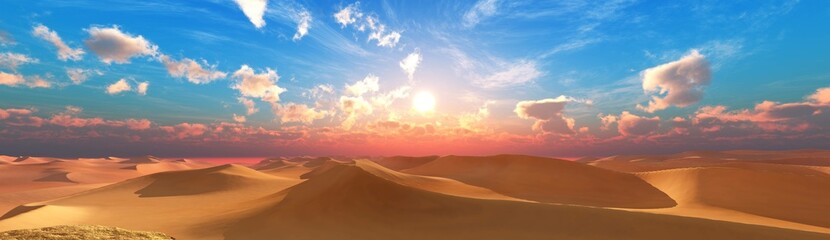Fototapeta na wymiar Sunrise over the dunes, sand desert at sunset