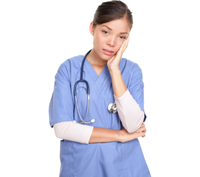 Unhappy Tired Female Surgeon doctor or nurse with hand on face standing isolated over white background