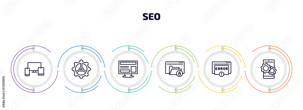Poster seo infographic element with outline icons and 6 step or option. seo icons such as cross-platform, c