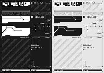 Cyberpunk futuristic poster set. Tech cyberpunk design for web and print template. Technology style flyer. Future technology, black and white minimalistic design, inversion. Vector