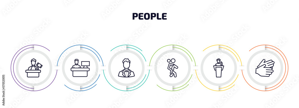 Poster people infographic element with outline icons and 6 step or option. people icons such as judge with 
