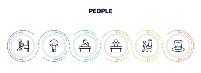 people infographic element with outline icons and 6 step or option. people icons such as man shaving, playing with a rope, leader speech, worker success, sculptor working, tall hat vector.