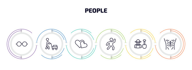 people infographic element with outline icons and 6 step or option. people icons such as couple of glasses, person mowing the grass, two hearts, dancing man, garderner, torso vector.