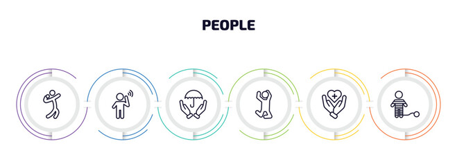 people infographic element with outline icons and 6 step or option. people icons such as shot put, man hearing, insurance protection, man jumping, healthcare and medical, war prisioner vector.