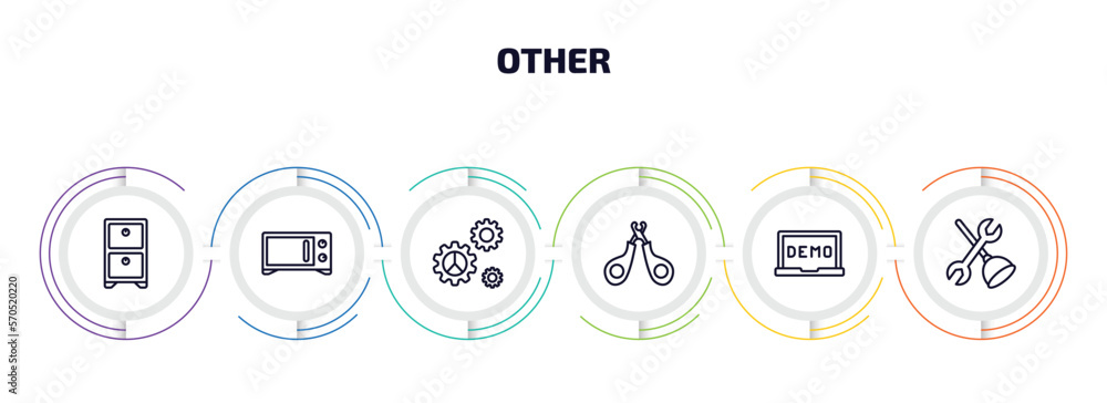 Poster other infographic element with outline icons and 6 step or option. other icons such as small shelf, 