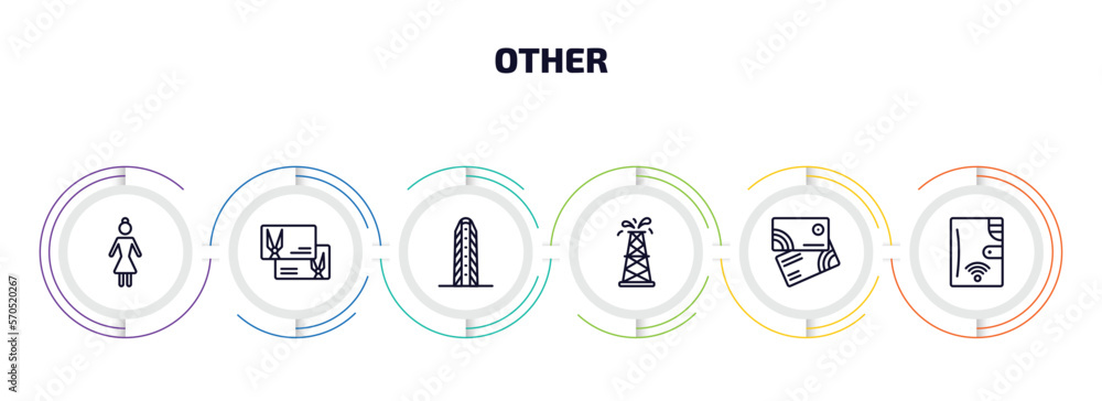Poster other infographic element with outline icons and 6 step or option. other icons such as japanese demo