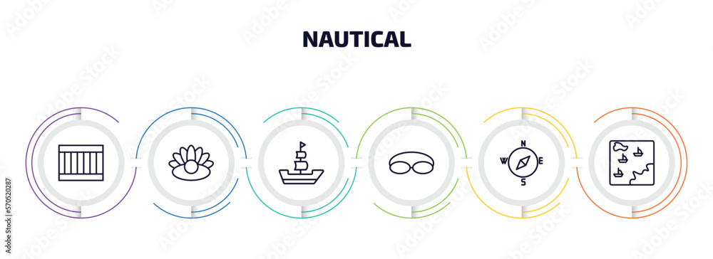 Poster nautical infographic element with outline icons and 6 step or option. nautical icons such as big cra