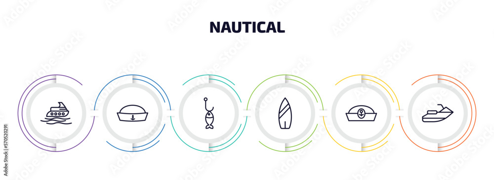 Poster nautical infographic element with outline icons and 6 step or option. nautical icons such as yatch, 