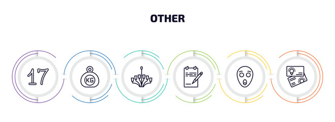 other infographic element with outline icons and 6 step or option. other icons such as seventeen, kilograms, chandeliers, paper list and a pencil, scared smile, idea business card vector.