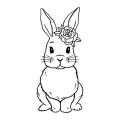 Cute Rabbit Line Art. Bunny with rose. Bunny sketch vector illustration. Coloring pages for children. Good for posters, t shirts, postcards.