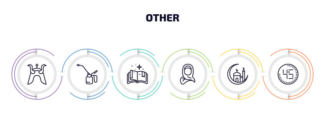 other infographic element with outline icons and 6 step or option. other icons such as samurai head of japan, oil can, speell book, woman with hijab, mosque and moon, digital number 45 vector.