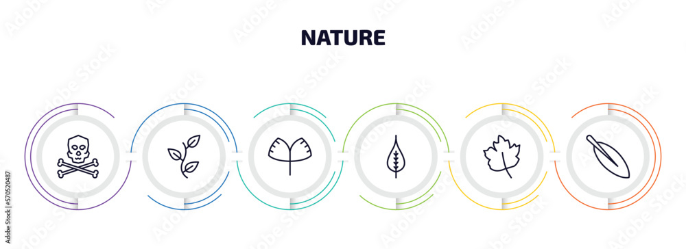 Aufkleber nature infographic element with outline icons and 6 step or option. nature icons such as death, perf