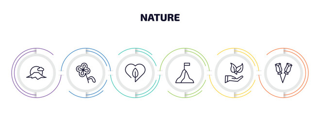 nature infographic element with outline icons and 6 step or option. nature icons such as sun fuji mountain, floral decorations, love nature, determination, conservation, two roses vector.