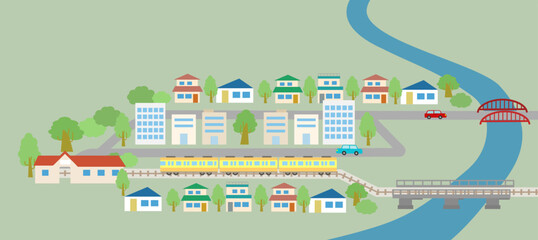 住宅地・駅・電車・ビル・橋・川のベクターイラスト