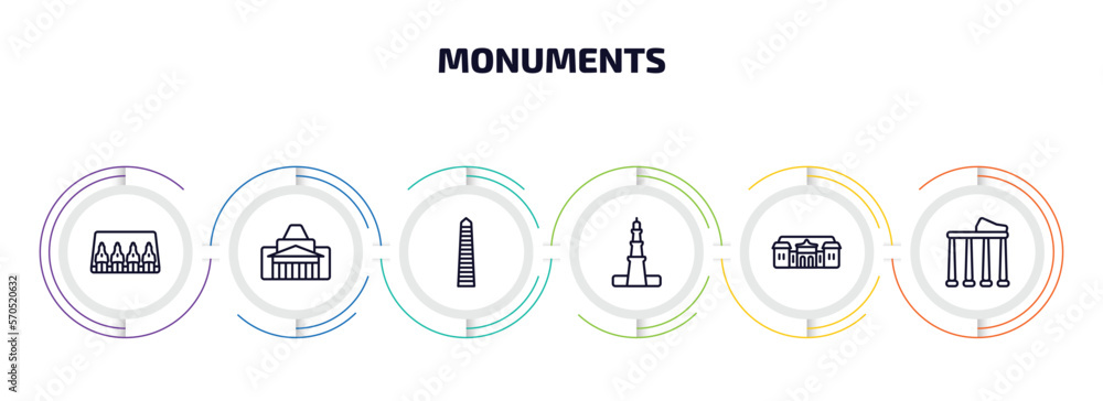 Poster monuments infographic element with outline icons and 6 step or option. monuments icons such as abu s