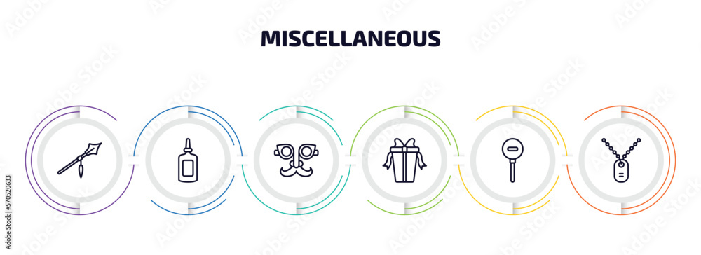 Poster miscellaneous infographic element with outline icons and 6 step or option. miscellaneous icons such 