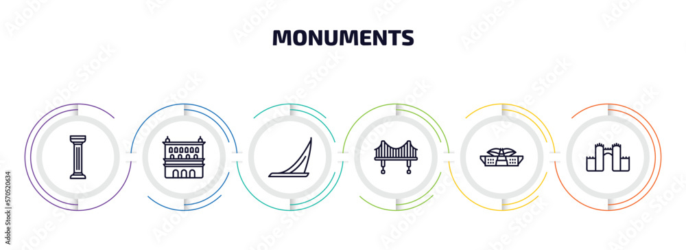 Poster monuments infographic element with outline icons and 6 step or option. monuments icons such as greek