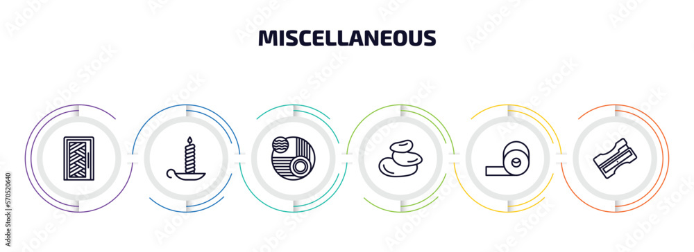 Poster miscellaneous infographic element with outline icons and 6 step or option. miscellaneous icons such 