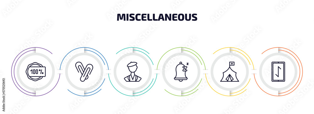 Poster miscellaneous infographic element with outline icons and 6 step or option. miscellaneous icons such 