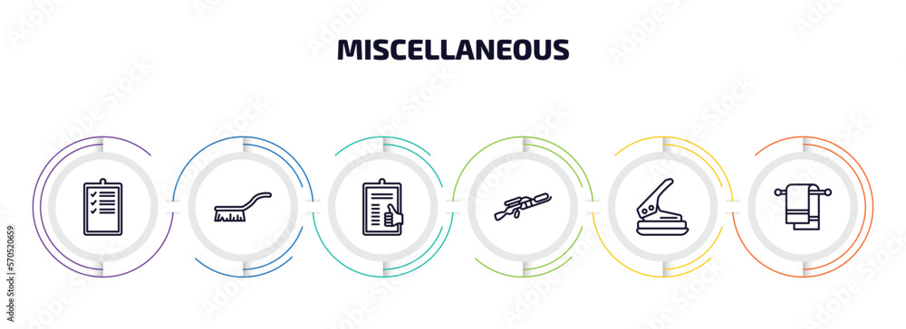 Poster miscellaneous infographic element with outline icons and 6 step or option. miscellaneous icons such 