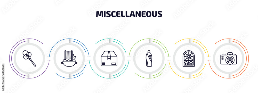 Poster miscellaneous infographic element with outline icons and 6 step or option. miscellaneous icons such 