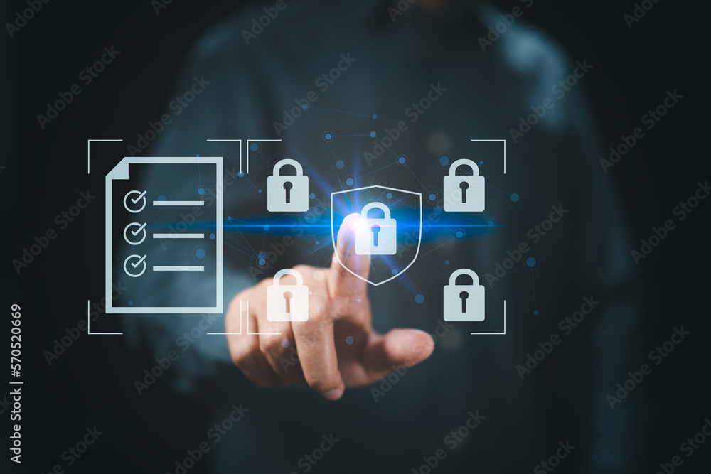 Poster cybersecurity network. The padlock icon is associated with internet technology and networking. A businessman protects data and personal information. Data protection and privacy are concepts..