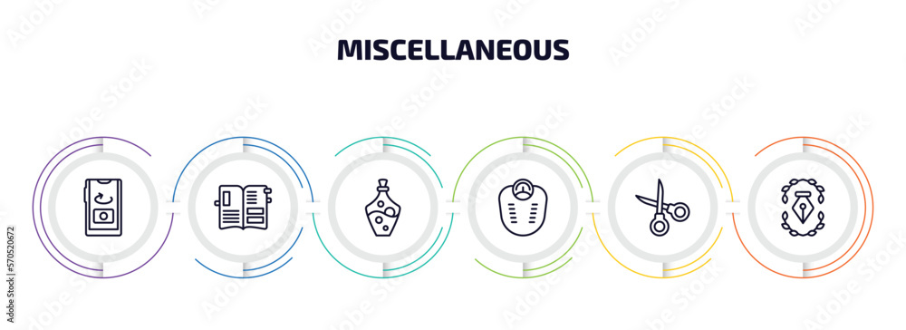 Poster miscellaneous infographic element with outline icons and 6 step or option. miscellaneous icons such 