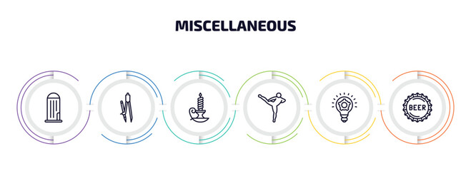 miscellaneous infographic element with outline icons and 6 step or option. miscellaneous icons such as granary, school compass, candlestick, muay thai, thinking solutions, beer cap vector.