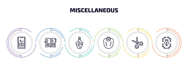 miscellaneous infographic element with outline icons and 6 step or option. miscellaneous icons such as front camera, scrapbook, alchemy, body weight, scissor, will vector.