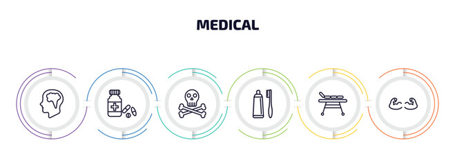 medical infographic element with outline icons and 6 step or option. medical icons such as brain in bald male head, pills jar, skull and bone, brush with tooth paste, table of treatments, strong