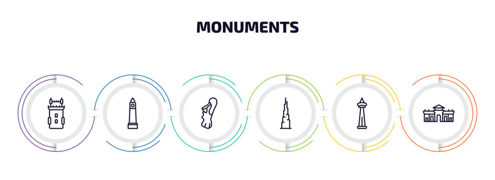 monuments infographic element with outline icons and 6 step or option. monuments icons such as belem tower, clock tower, easter island, , alcala gate