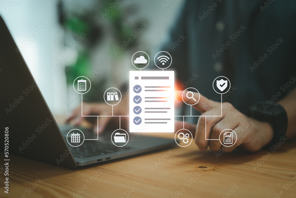Poster Document Management Data System document icon. corporate data management system. Business Internet technology concept for data privacy protection