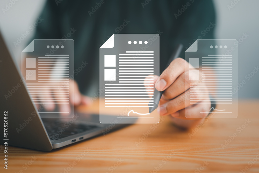Poster Paperless workplace, e-signing, electronic signature, document management A businessman signs an electronic document on a digital document on a virtual notebook screen using a stylus pen.