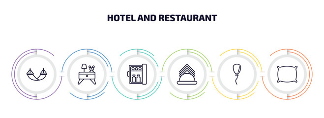 hotel and restaurant infographic element with outline icons and 6 step or option. hotel and restaurant icons such as hammock, nightstand, minibar, napkins, balloon, pillow vector.