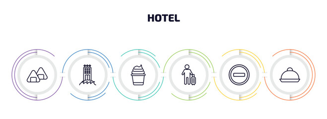 hotel infographic element with outline icons and 6 step or option. hotel icons such as onigiri, beach hotel, frozen yogurt, guest, do not disturb, dish vector.