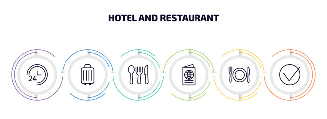 hotel and restaurant infographic element with outline icons and 6 step or option. hotel and restaurant icons such as 24 service, luggage, eating utensils, passport, meal, check in vector.