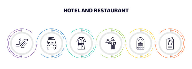 hotel and restaurant infographic element with outline icons and 6 step or option. hotel and restaurant icons such as or down, rent a car, bathrobe, servant, door hanger, cookbook vector.