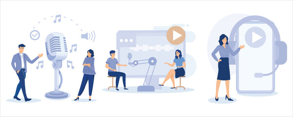 Podcast illustration set. Characters in radio studio speaking in microphone and recording audio podcast or live online interview. People listening audio on smartphone. set flat vector modern illustrat