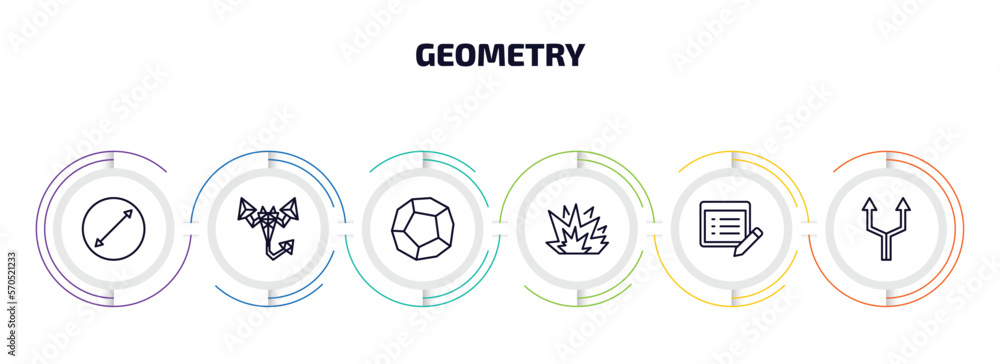 Poster geometry infographic element with outline icons and 6 step or option. geometry icons such as diamete