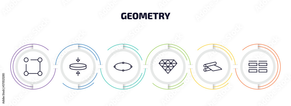 Poster geometry infographic element with outline icons and 6 step or option. geometry icons such as ungroup